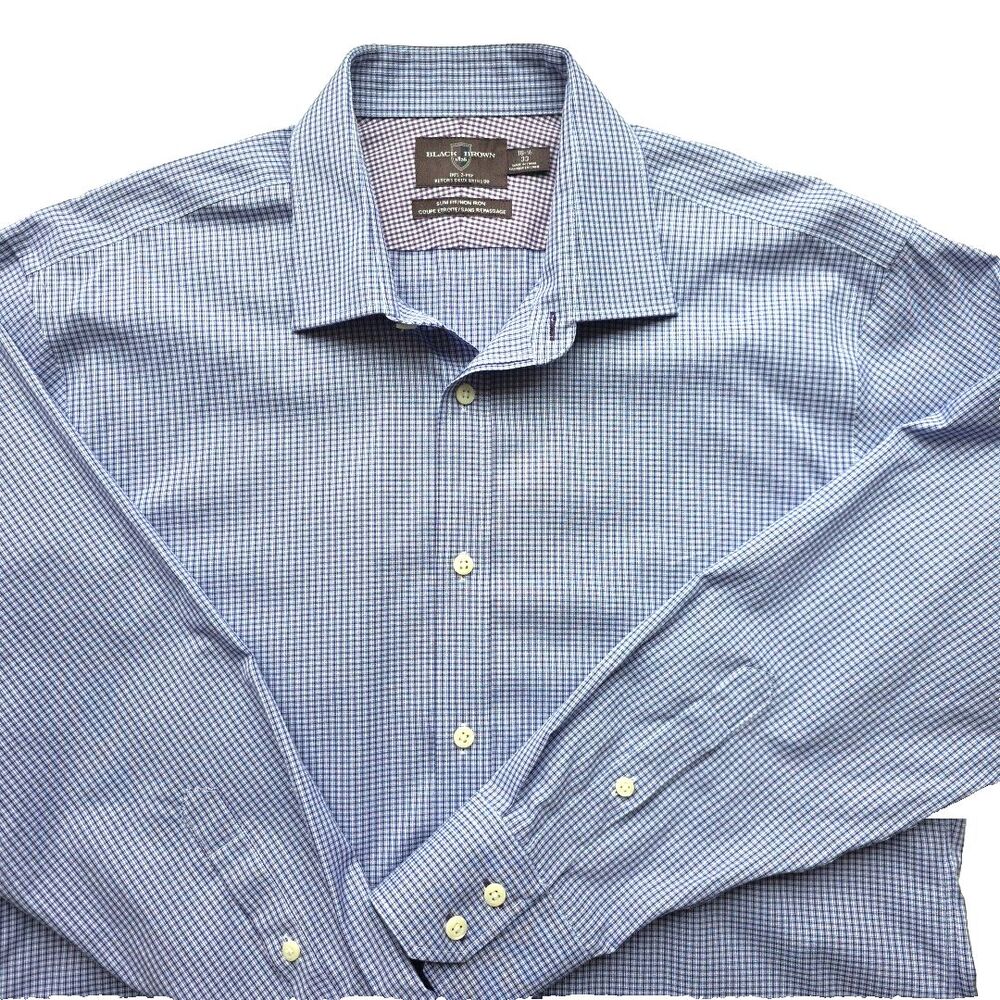 Black Brown 1826 Dress Shirt Non-Iron Slim Fit 2-ply 16.5 x 33 Blue Gingham EUC